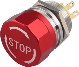 Interruptor de parada de emergencia, 19 mm, terminal de clavija, cabeza de aluminio rojo (flecha+PARADA), carcasa de acero inoxidable, IP65 (1NO/1NC)